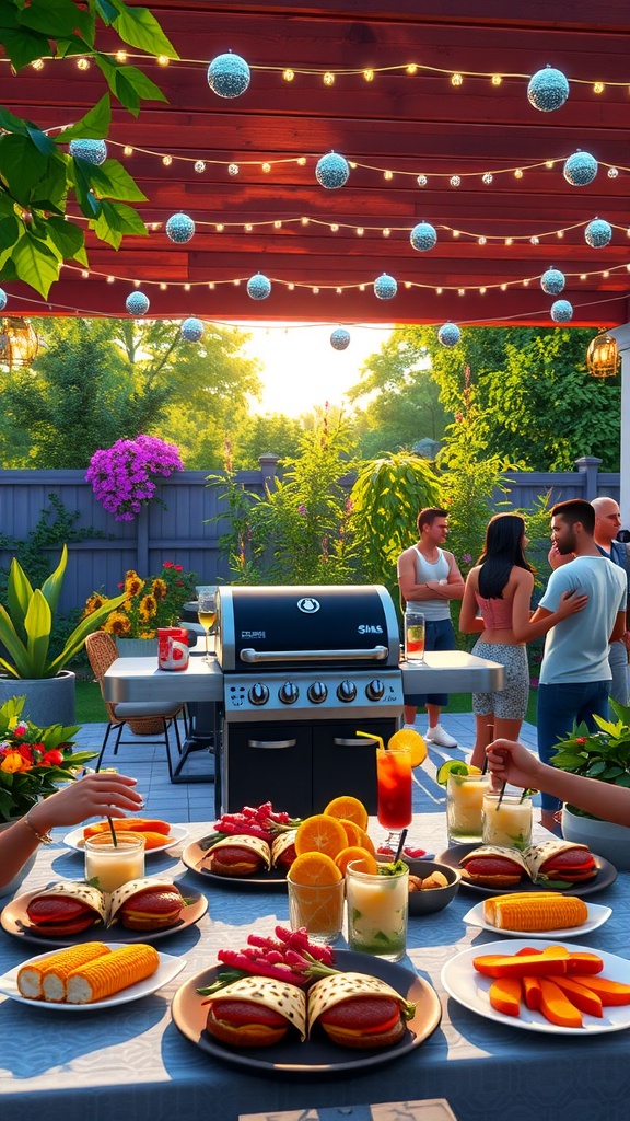 Sims 4 outdoor barbecue setup with grill, dining area, and happy Sims.